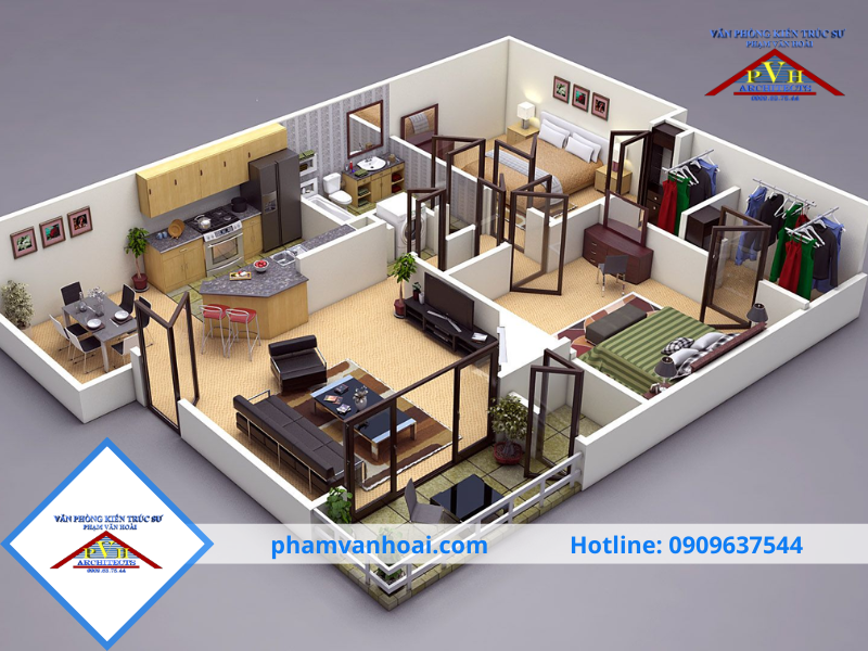 Mẫu phối cảnh 3D nội thất trong gói thiết kế kiến trúc nhà phố